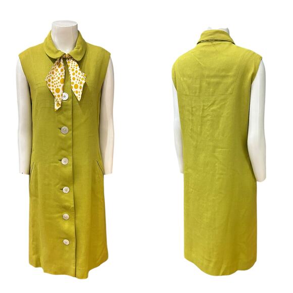 Vintage 60s Mod Chartreuse Sleeveless Button Dress Bow Scarf / Women’s small - - Picture 3 of 4